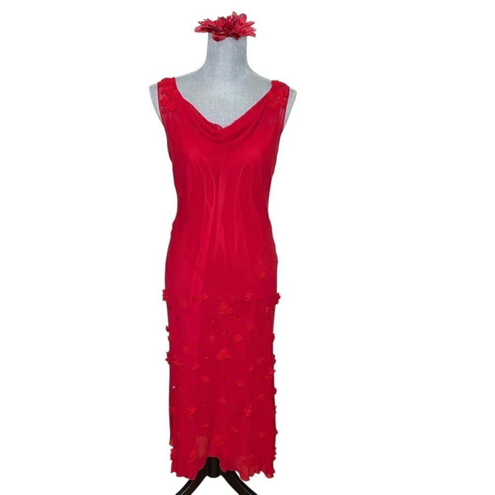I.C.E 90’s Vtg. y2K Silk, Fairy Red Sleeveless Dress Floral Accents size 10 - Picture 2 of 16